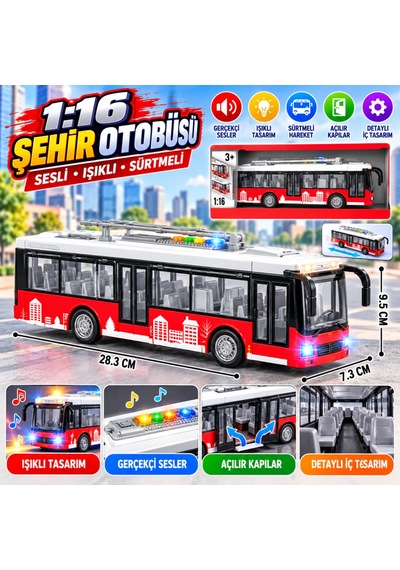 Wy911a 1:16 Sesli Işıklı Sürtmeli Oyuncak Otobüs