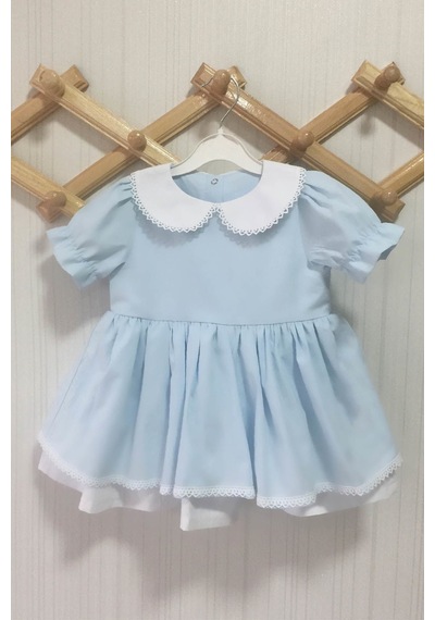 Bebe Yaka Dantel Detaylı Poplin Kız Çocuk Bebek Bebe Mavi Beyaz Elbise 001