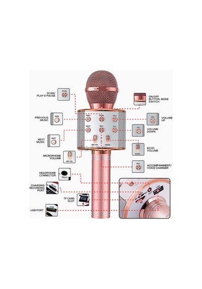 Bluetooth Karaoke Mikrofon Kablosuz Hoparlörlü, Led Işıklı, Şarjlı