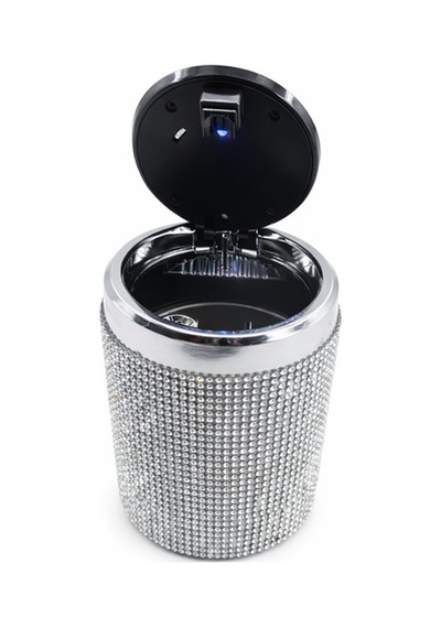 Premium Kristal Taşlı Araç Küllüğü Metal İç Hazneli Mavi Led Işıklı Kilitli Bas-aç Kapak