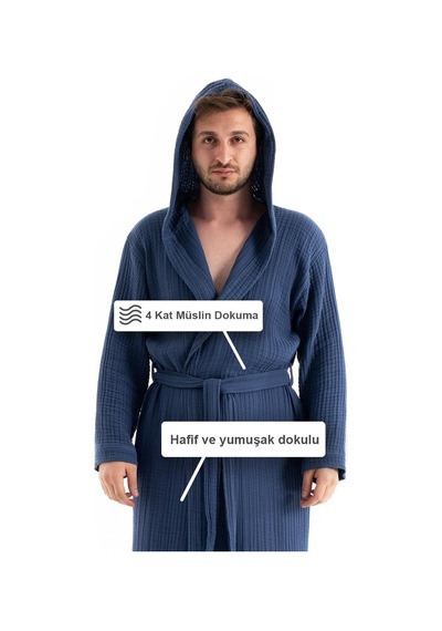 Unisex Kapşonlu 4 Kat Müslin Bornoz - Lacivert