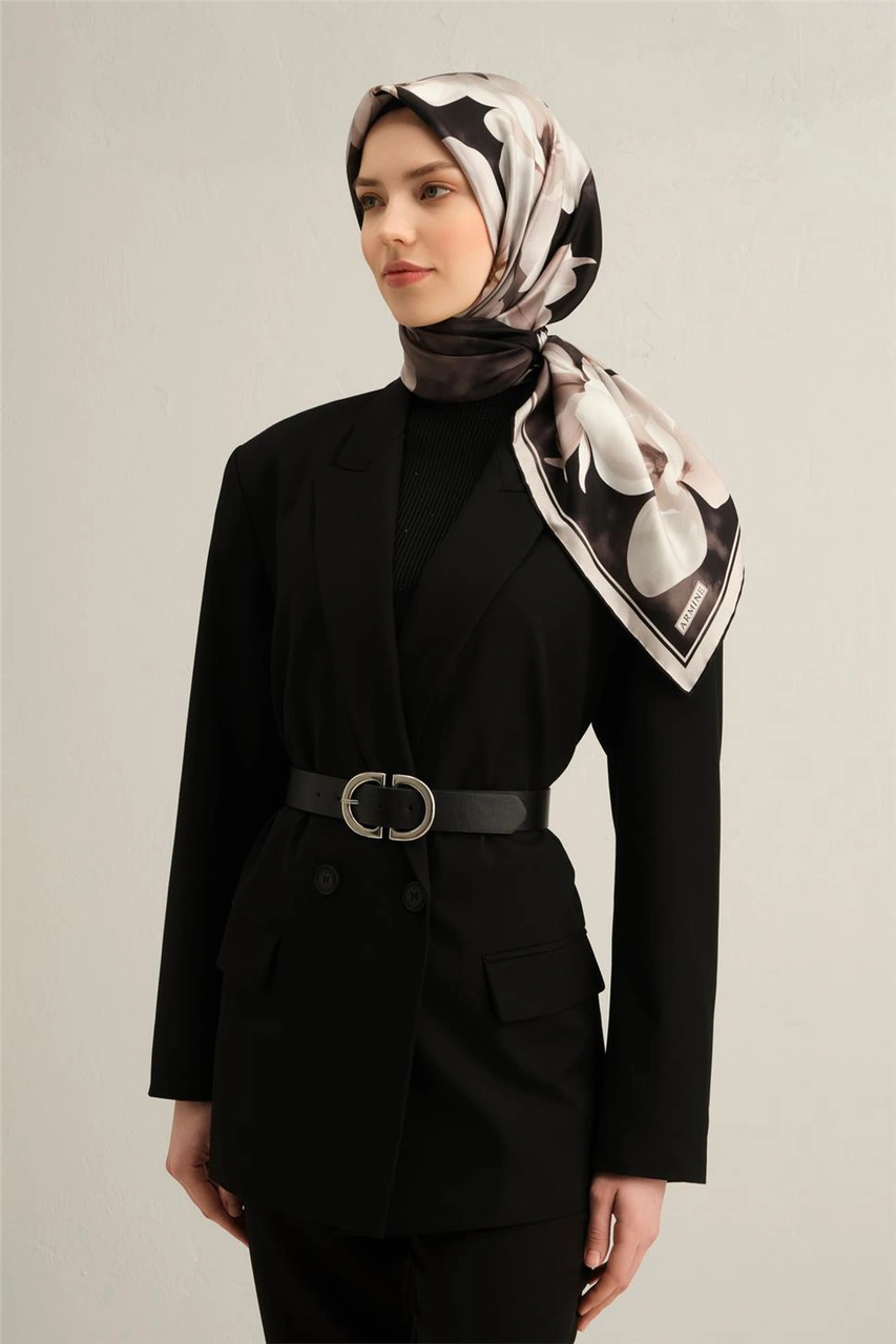 Armine Çiçek Desenli Saf İpek Twill Eşarp 9305d 85 BEj