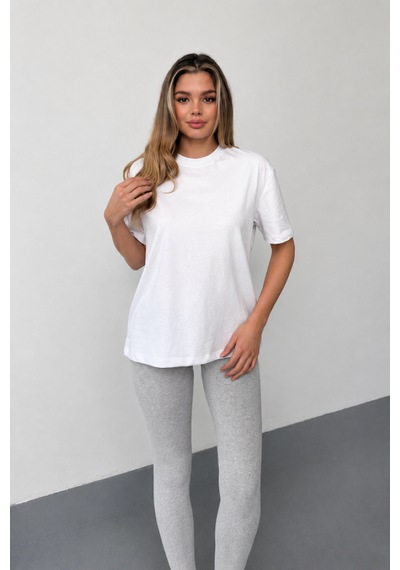 Stilera Kadın Oversize Basic Kısa Kollu Bisiklet Yaka Düz Tişört Beyaz