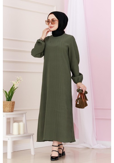 Sevitli Beli Kuşaklı Luna Tesettür Elbise-haki-4891 Haki