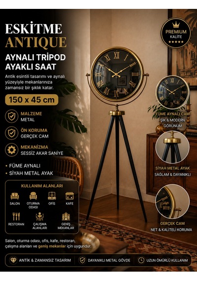 Eskitme Antique Aynalı Tripod 150 X 45 Cm Ayaklı Saat