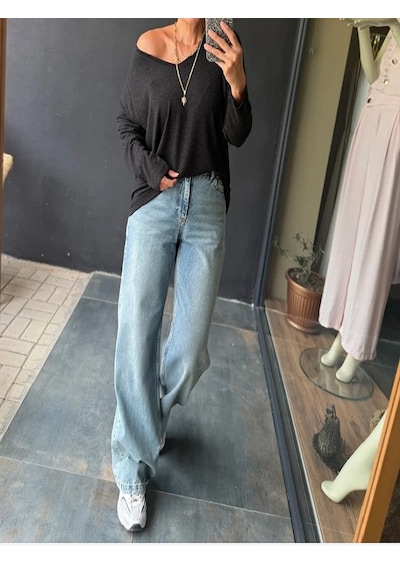 Mirve Butik V Yaka Yumoş Merserize Bluz Gri