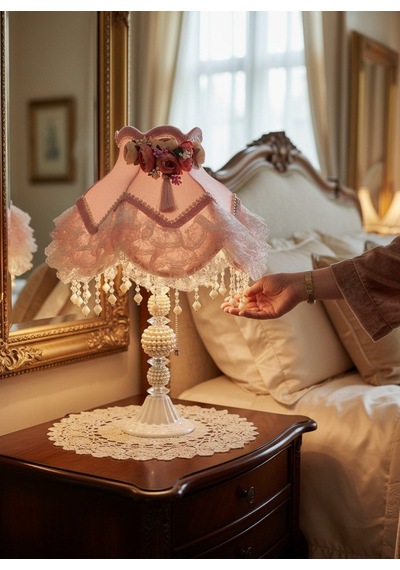 Pembe Kadife Kaplı Çiçek Dekorlu Başlık Beyaz İnci Ayaklı Klasik Prenses Model Abajur 55x25cm