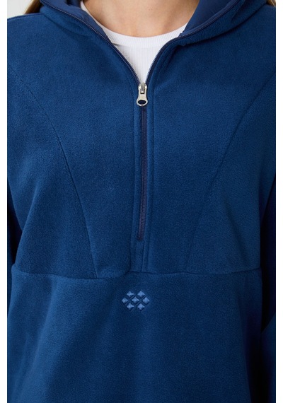 Tommy Life Parlament Kalın Yumuşak Dokulu Kapüşonlu Oversize Nakışlı Polar Kadın Sweatshirt -97286 Parlament Mavisi