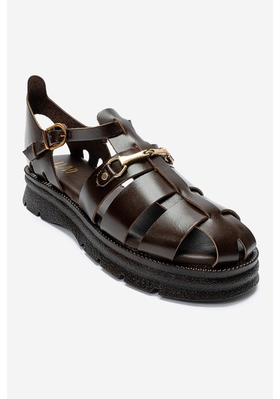 Luvishoes Rıela Kahverengi Hakiki Deri Tokalı Kadın Sandalet
