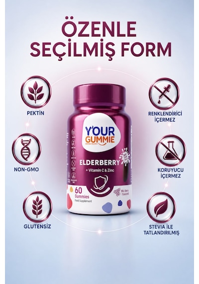 Y'our Gummie Elderberry Kara Mürver C Vitamini ve Çinko 60 Çiğnenebilir Jel