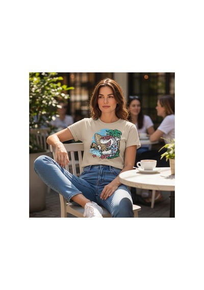 Urbantrendstore Unisex Köpekbalığı Sörf Tatil Oversize Fit Rahat Geniş Salaş T-shirt Günlük Tişört Bej
