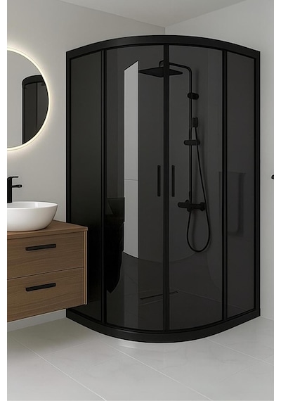 Duşakabin Füme Temper Cam Elegant Seri Oval Siyah Profil - Yükseklik: 190 Cm Siyah