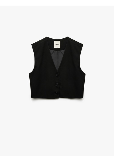 Koton Düğmeli V Yaka Kolsuz Crop Blazer Yelek Siyah 6wak20005pw Siyah