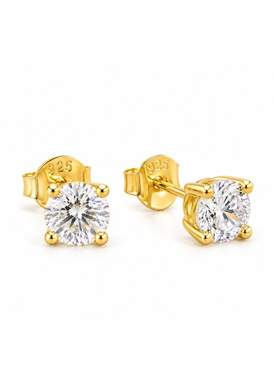 925 Ayar Gümüş 6 Mm Zirkon Taşlı Sarı Gold Kaplama Kadın Küpe Altın - Gümüş