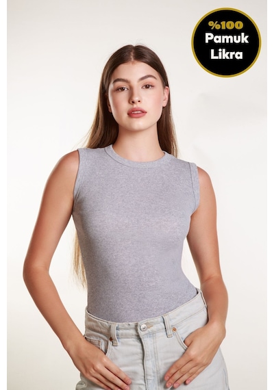 Mea Capio Kadın Gri Fitilli Likralı Sıfır Kol Bisiklet Yaka Örme Atlet Tshirt Bluz Gri