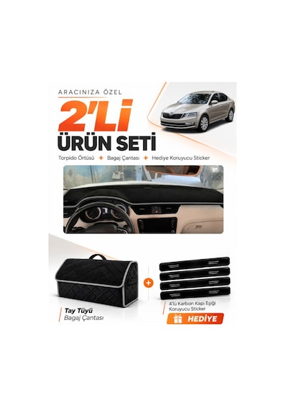 E-biz Skoda Octavia 2013-2019 Uyumlu Torpido Örtüsü + Tay Tüyü Bagaj Çantası - Siyah-gri - Sk010