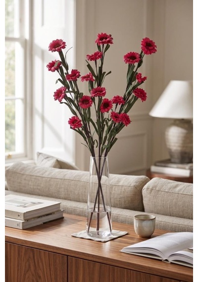 Yapay Çiçek Lateks Papatya Dalı Fuşya 6 Çiçekli 60 Cm Gerçek Dokulu Dekoratif Çiçek Fusya