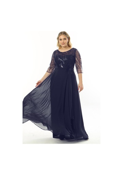 Ladies First Büyük Beden 3855 Lacivert Uzun Abiye Elbise 001