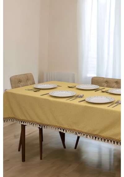 Dnc Home Tekstil  Sarı Pamuk Keten Kahverengi Şerit Ponponlu Masa Örtüsü