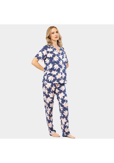 Türen Yaprak Desenli Kısa Kollu Gömlek Yaka Pijama Takımı 3355/lacivert 001