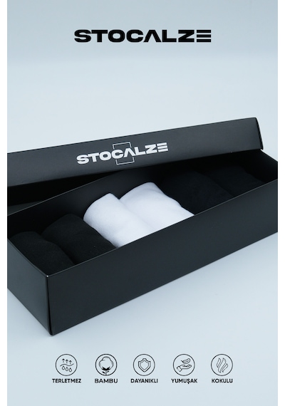 Stocalze Erkek Bambu Patik Çorap Dikişsiz Kaymaz Logo Desenli 6'lı Kutulu Set 40-46 Siyah - Lacivert - Beyaz