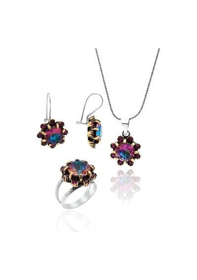 Mistik Topaz Taşlı El Işçiliği Otantik Gümüş Üçlü Set
