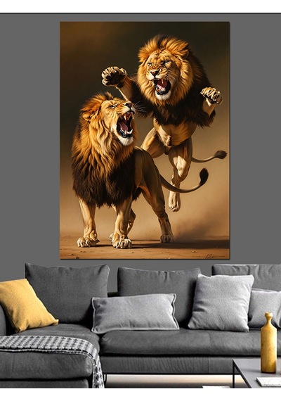Ahşap Tablo Kavga Eden İki Aslan Resmi