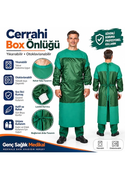 Unisex Ameliyathane Cerrahi Doktor Hemşire Box Önlüğü Yıkanabilir Çok Kullanımlık 1 Adet 474 Yeşil