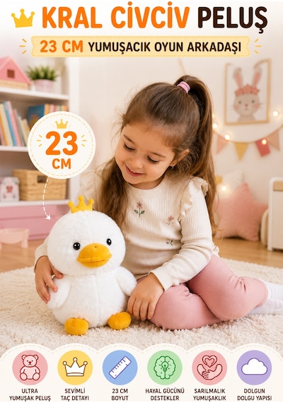 23 Cm Taçlı Beyaz Civciv Peluş Oyuncak Yumuşak Dolgulu Sevimli Çocuk Oyun Arkadaşı Dekor