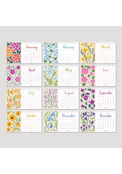 Çiçek Galerisi 2026 Masa Takvimi, Rengarenk Çiçekli Takvim, 2026 Desk Calendar, Flowers Calendar 202 Siyah