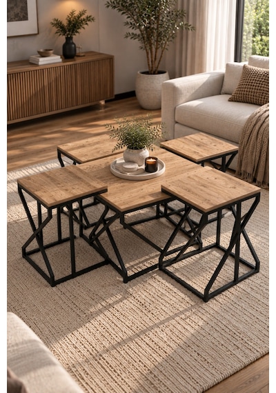Sulorahome 5'li Çam Kahverengi Orta Ve Zigon Sehpa Seti Atlantik Çam