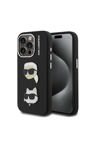 Apple Uyumlu iPhone 15 Pro Max Kılıf Karl Lagerfeld Lisanslı K&c Heads Pin Kapak Siyah