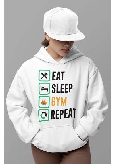 Sevbano Eat Sleep Gym Repeat Bodybuilding Fitness Gym Baskılı Unisex Over beyaz