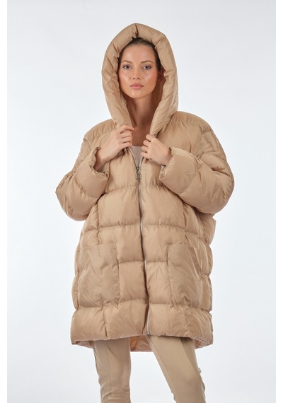 Monalure Kapüşonlu Oversize Bej Kadın Mont 1102644
