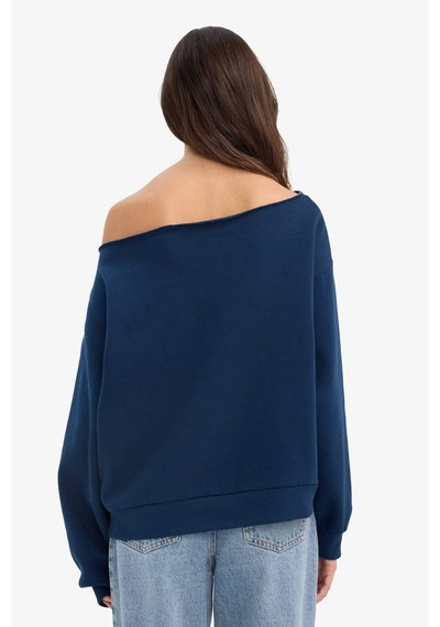 Defacto Oversize Geniş Kalıp Açık Omuz Baskılı Kalın Sweatshirt G7182ax25cwnv1 Lacivert-nv1