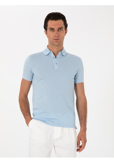 Buz Mavisi Slim Fit Polo Yaka Pamuklu Basic T-shirt Acık Mavı