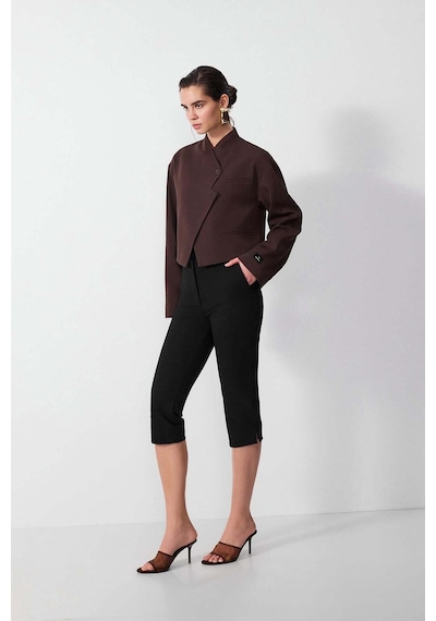 Vatkalı Diagonal Crop Blazer Ceket-16645 Kahverengi