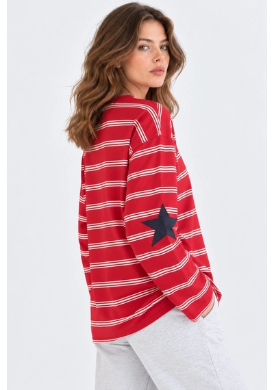 Mevese Kadın Oversize Paris Baskılı Çizgili Bisiklet Yaka Sweatshirt - Kırmızı