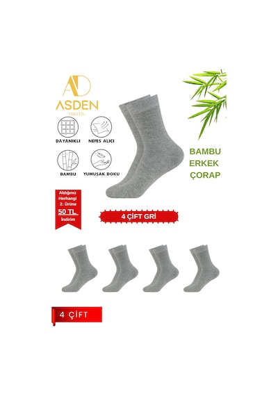 Asden Bambu Erkek Beyaz Soket Çorap 12'li Paket, Burun Dikişsiz, Yıkamalı 4 Gri