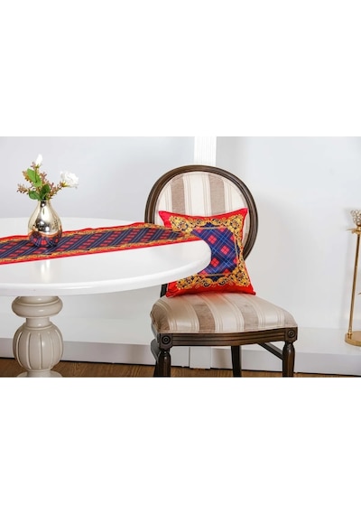 Belize Baskılı Saten Kumaş Kırmızı Siyah Runner Kırlent Set 3 Prç. 135x50 Cm 1378 Kırmızı