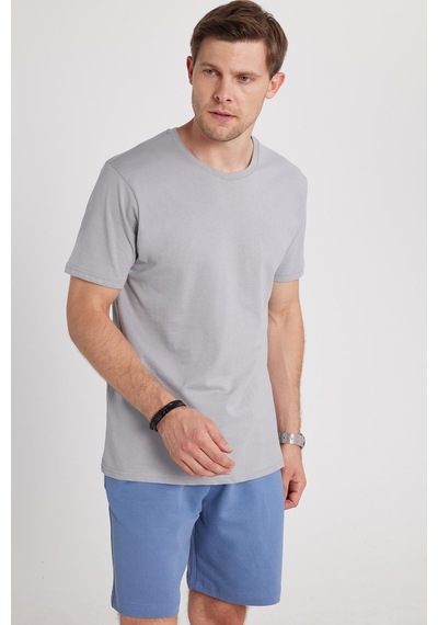 Tudors Unisex Slim Fit Dar Kesim %100 Pamuk Yumuşak Dokulu Gri Bisiklet Yaka Tişört-34826 Gri