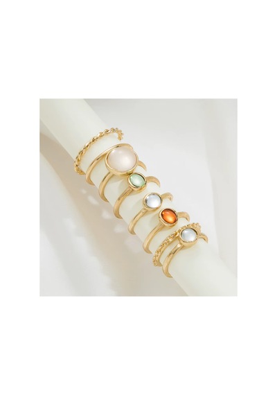 Bliss Gold Altın Renk Kristal Taşlı Şık Modern Bohem 8 Parça Yüzük Seti-14 Şubat Sevgiliye Hediye