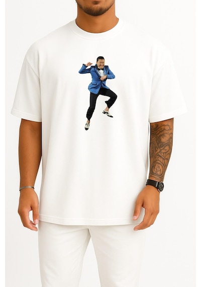 Bahriyeli Collection Oversize Psy Gangnam Style K-pop Dance, Artes, Psy Göğüs Tasarımlı Unisex T-shirt Beyaz