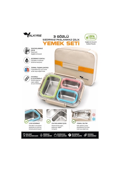 Valkyrie 3 Gözlü Paslanmaz Çelik Lunch Box Termal Taşıma Çantalı, Sızdırmaz Contalı 304 Çelik Bölmeli Yemek Kabı Çok Renkli