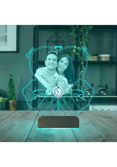 Luvivia Kalp Sevgiliye Hediye Fotoğraflı Metal Saatli 3d Lamba - Masa Gece Lambası
