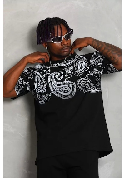 Unisex Oversize Baskılı Bisiklet Yaka T-shirt - Siyah Siyah
