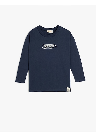 Koton Oversize Tişört Slogan Baskılı Uzun Kollu Bisiklet Yaka Pamuklu Lacivert 5skb10253tk Lacivert