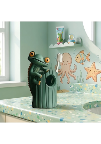 Sevimli Kertenkele Çocuk Diş Fırçalık 3d Baskı Diş Fırçası Standı Banyo Düzenleyici Koyu Yeşil