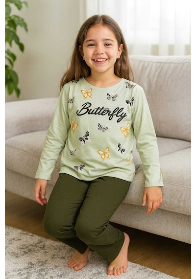 Kız Çocuk Pijama Takımı %100 Pamuk Yeşil