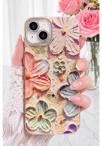 Fibaks iPhone 13/14 Uyumlu Kılıf Renk Değiştiren Taşlı Kamera Lens Korumalı Pembe Çiçek Desenli Darbe Emici Kapak